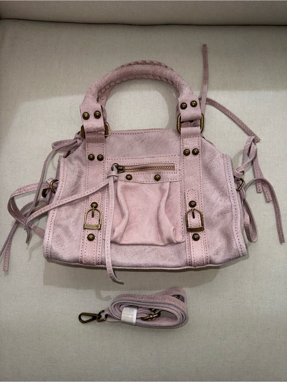 Soft Pink Suede Satchel Handbag